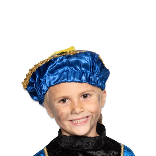 Pietbaret satijn met veer geel