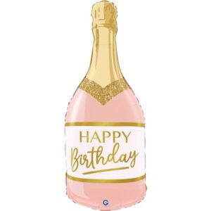 Folieballon roze bubble fles Happy Birthday